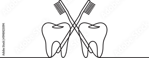 dental x ray featuring a pair of human teeth and tooth brushes. one line art icon drawing vector
