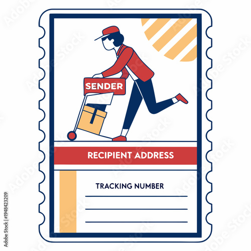 Delivery person with package on a postage stamp sender recipient address