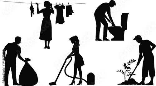 Diverse group of people performing various household cleaning and gardening tasks including vacuuming mopping and planting