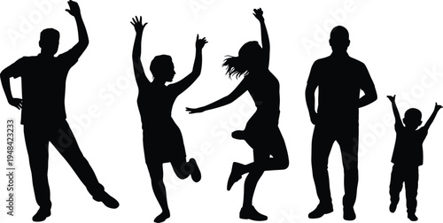 Diverse group of people in celebratory poses with arms raised in joy and excitement silhouette woman