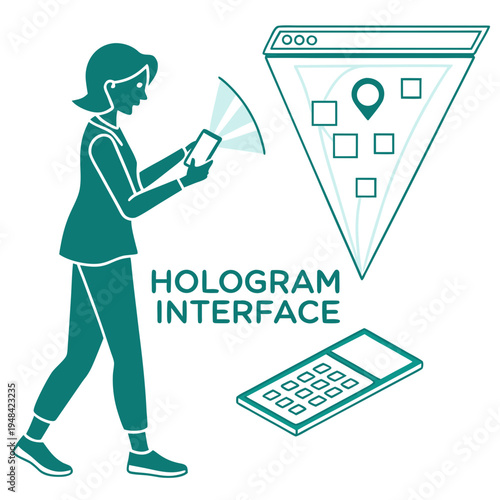 Woman using smartphone with hologram interface on white background technology