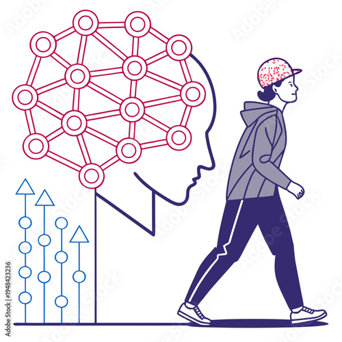 Person walking with neural network and brain activity