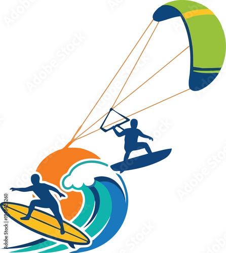 Dynamic Illustration of Kite Surfing and Surfing Adventure Duo