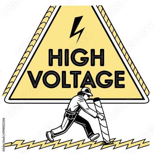 Voltage sign with worker holding pole on white background warning sign electrician safety sign