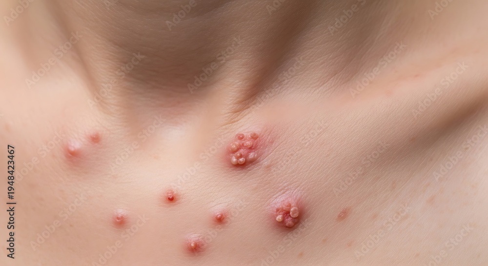 Fototapeta premium Close up view of molluscum contagiosum skin lesions appearing on the neck of an adult patient