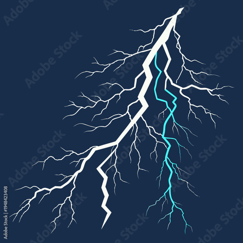 Electric lightning bolt with white and blue branches on dark blue background electricity