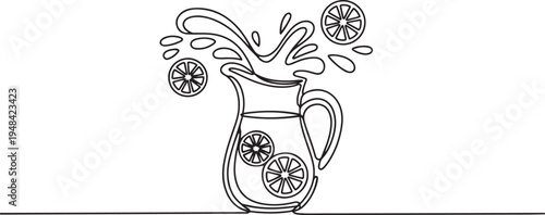 glass pitcher filled with lemonade splashing outwards with lemon slices. one line art icon drawing vector