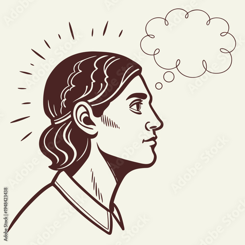Thoughtful woman with speech bubble thought bubble brown profile thinking
