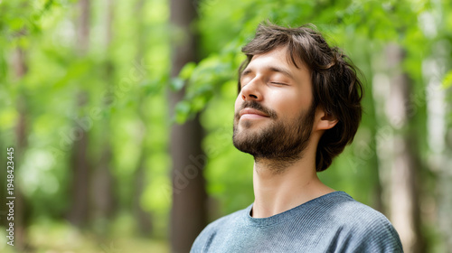 Defocused young man inhaling deeply in a sunlit forest glade surrounded by green trees, fresh air, inner peace, nature meditation, calm and happiness, with copy space