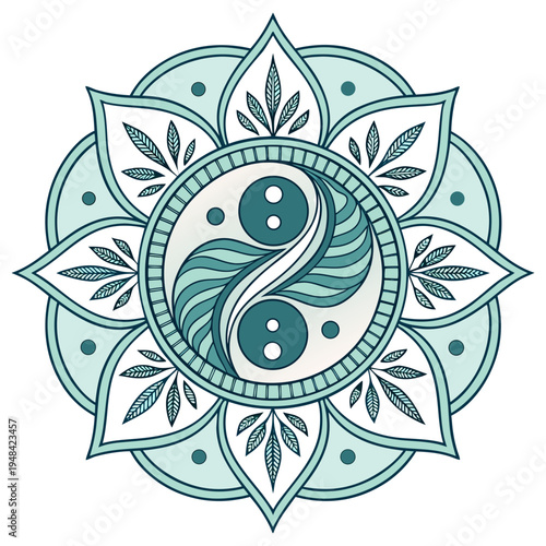 Teal mandala with yin yang symbol and leaf patterns circular symmetrical