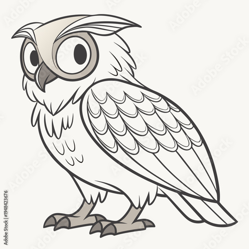 Cartoon owl with big eyes and gray shading on white background