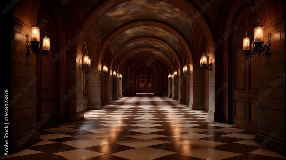 Obraz premium Checkerboard beige and brown stone floor with barrel vaulted ceiling