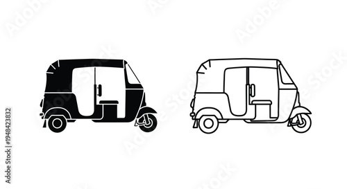 Two depictions of a three wheeled vehicle a black silhouette