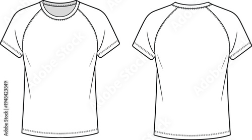 Front and back view technical of a plain white short-sleeved raglan t-shirt with crew neck and double stitched hem and cuffs