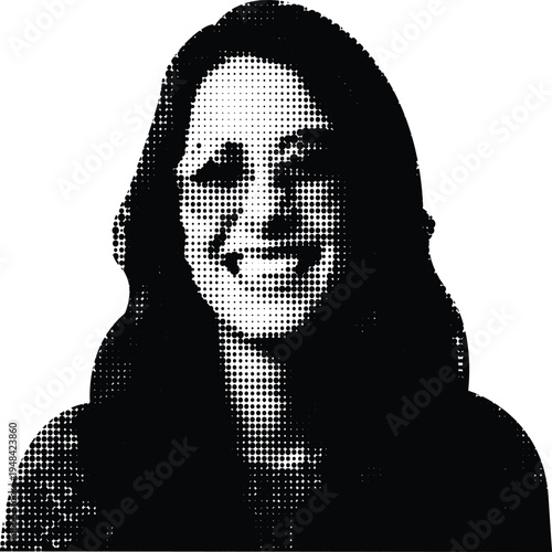 A high contrast halftone portrait of a smiling woman captured in black and white dot pattern art Vector