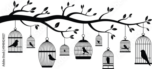 Numerous birdcages of varying sizes hang from the branches of a silhouetted tree, with small birds perched inside each cage