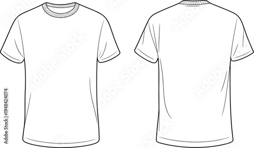 Outline of a white short-sleeved t-shirt, showing both the front and back views with clean lines and no embellishments