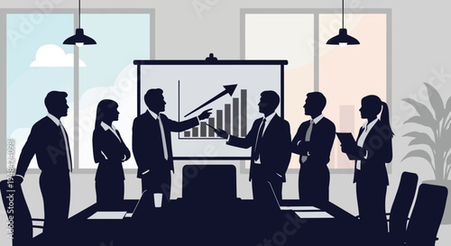 Business team analyzing growth strategy in modern office setting