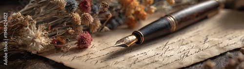A beautiful still life featuring a vintage fountain pen resting on an old letter surrounded by dried flowers, evoking a sense of nostalgia and timeless elegance.