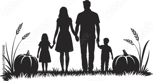 Silhouette of a happy family with two children and pumpkins in a grassy field during autumn fall parents