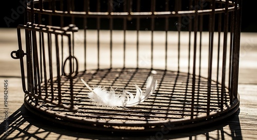 Cuadro en lienzo Vintage bird cage with open door and feather inside, black and white
