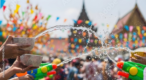 People water splashing celebration during songkran festival in thailand