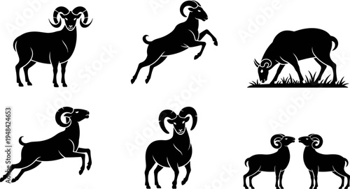 Flat vector illustration of ram icons, leaping silhouette, grazing ram, curved horns, Aries zodiac, strength, animal concept design