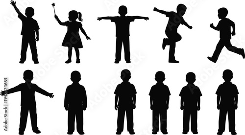 Children silhouette set kids playing running standing happy childhood poses isolated black people vector illustration collection for activity design