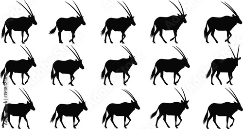PrintBlack silhouette illustration of fifteen antelope-like animals with long curved horns in walking stance, arranged in grid pattern for wildlife, nature, and design concepts.