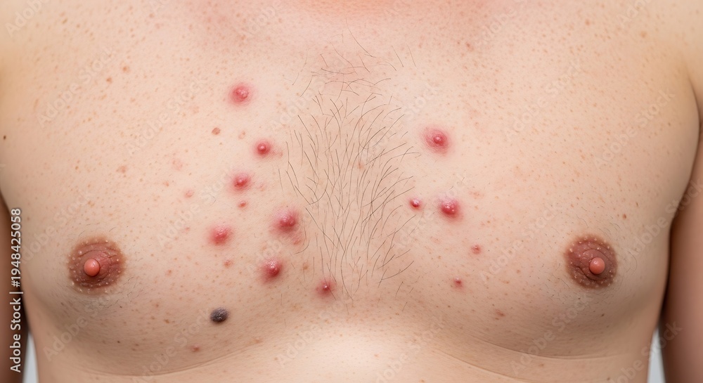 Fototapeta premium A close-up view of a man's chest exhibiting multiple inflammatory acne papules and skin lesions