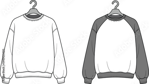 White and grey raglan sleeve sweatshirt template front and back view hanging on a hanger for casual apparel and fashion