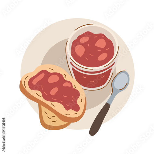 Bread slices with strawberry jam in a glass jar