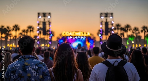 Rear view of crowd enjoying coachella music festival at sunset