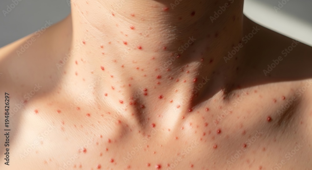 Fototapeta premium A close up view of a person's neck and chest area showing a widespread red rash with small bumps