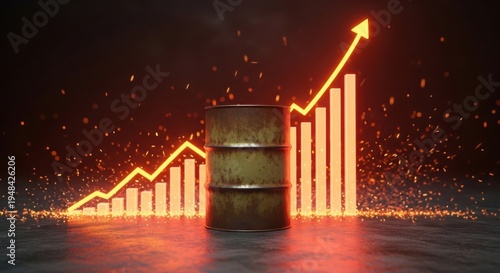 Oil barrel in front of a glowing graph showing an upward trend in prices