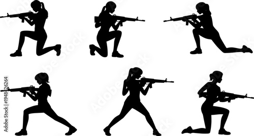 Flat vector illustration of tactical shooter silhouettes, military training, rifle stances, combat readiness, defense, security, weapon handling concept art