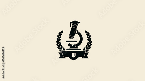 A black and white emblem featuring a microscope, graduation cap, and laurel leaves, on beige background