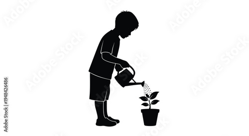 Young boy watering a small plant with a watering can silhouette