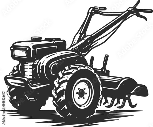 Walking Tractor Cultivator Agricultural Farm Machine Vintage Vector Illustration.