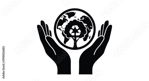 Hands cradling earth with a tree a conservation message silhouette