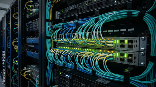 Fiber Optic Cables and Cisco Network Switches in a Modern Data Center Server Rack