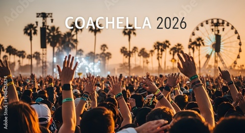 Coachella music festival crowd hands up at sunset palm trees