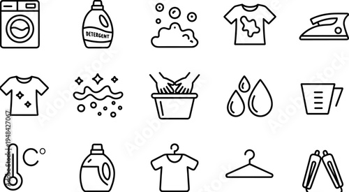 Flat vector illustration of laundry care icons, washing machine, detergent, ironing, drying, garment cleaning, clothing care, household chore concept design