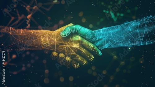 Digital handshake with glowing network connections representing global