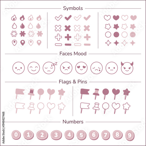 Planner Tracker Icons and Symbols, Mood Faces, Flags, and Numbers for Bullet Journal Dusty Rose 