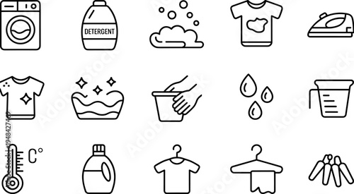 Flat vector illustration of laundry care icons, washing machine, detergent, ironing, drying, garment cleaning, clothing care, household chore concept design