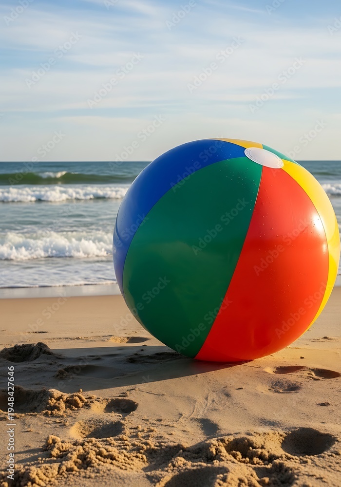 Obraz premium Colorful beach ball on sandy shore by ocean waves on sunny day