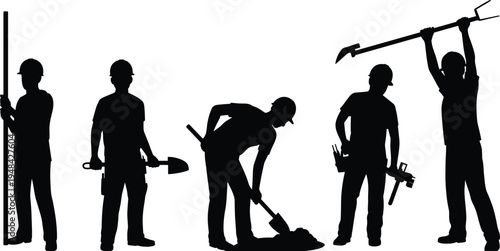 Construction worker silhouettes with shovel, crowbar and tools, professional builders digging and working, industrial labor team isolated for building and engineering projects