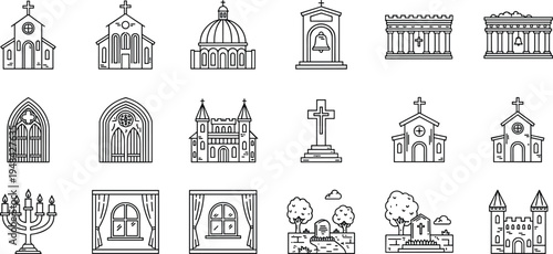 Church and religious architecture outline icons set, cathedral chapel cross cemetery symbols, Christian religion buildings vector illustration collection
