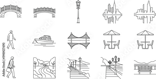 City park and urban landscape outline icons set, bridge street lamp promenade bench walking waterfront vector illustration collection